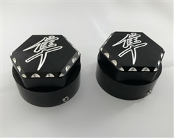 Black/Silver Engraved Kanji 30mm 3D Hex Ball Cut Fork Caps