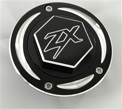 Kawasaki ZX 3 Hole Custom 3D Hex Black/Silver Engraved Fuel/Gas Cap w/Ring Cut Edges