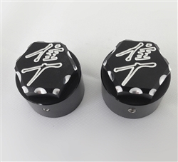 Hayabusa Black/Silver Engraved & Ball Cut 3D Hex Cut Fork Dampener Adjuster Caps For Stock/OEM Triple Tree