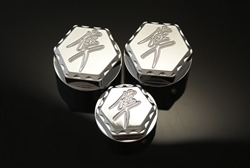 Chrome 24mm Kanji Engraved 3D Hex Ball Cut Fork & Yoke Caps