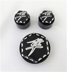 Hayabusa Black/Silver Engraved & Ball Cut 3D Hex Adjuster & Yoke Caps For Stock/OEM Triple Tree