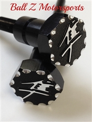 Hayabusa Custom 3D Kanji Logo Billet  Black Anodized Seat Thumbscrew Bolts w/Silver Ball Cut Edges & Pocketed Engravings