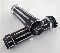 Kawasaki Sportbike Black Anodized Silver Engraved & Ring Cut Handlebar Grips with 3D Hex Bar Ends