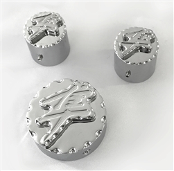 Hayabusa Chrome 3D Engraved & Ball Cut Adjuster & Yoke Caps For Stock/OEM Triple Tree