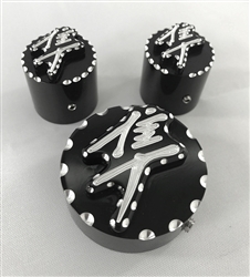 Hayabusa Black/Silver 3D Engraved & Ball Cut Adjuster & Yoke Caps For Stock/OEM Triple Tree