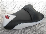 "New Image" Black & White Carbon Fiber GSXR 600/750/1000 Custom Shaped & Covered Front Seat w/Red & Chrome Embroidering