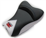 "New Image" Black & White Carbon Fiber GSXR 600/750/1000 Custom Shaped & Covered Front Seat w/Red & Chrome Embroidering