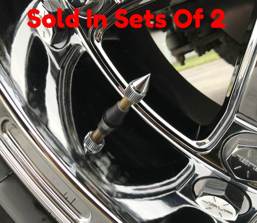 thumbnail interactive-video image 1 of 2 Neo Chrome Long Spiked Valve Stem Caps - Metal Thread, For Wheels/Tires 1 of 5
