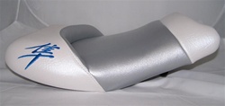 "New Image" Hayabusa Custom Shaped Tutone White/Silver Front Seat w/Blue Embroidering