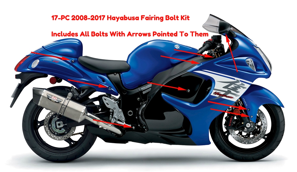 17PC 2008-2018 Hayabusa Custom Chrome 3D Engraved  Ball Cut Complete Fairing  Bolt Kit w/Stainless Steel Threads