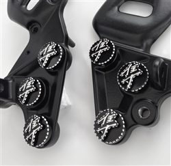 Hayabusa Black/Silver 3D Pocketed Engraved & Ball Cut Front Peg Bracket Mounting Bolts & Covers