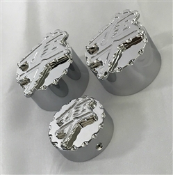 Chrome 24mm Huge 3D Kanji Engraved Ball Cut Fork & Yoke Caps